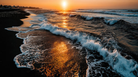 Beautiful sunset on the beach of the Black Sea in Sochi, Russiaの素材