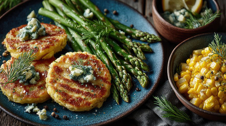 Potato pancakes with blue cheese and asparagus on rustic wooden backgroundの素材