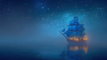 Sailing ship in the night sky with stars. 3d renderingの素材