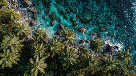 Aerial view of beautiful tropical island with palm trees and turquoise sea. Drone photography.の素材