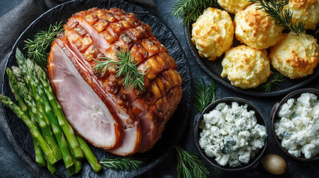 Baked ham with asparagus and dumplings on dark background, top viewの素材