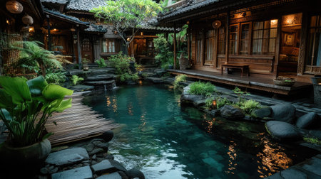 Traditional japanese house with swimming pool in Bali, Indonesiaの素材