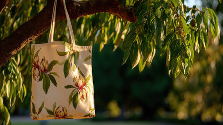 Beach bag hanging on a tree with green leaves in the backgroundの素材