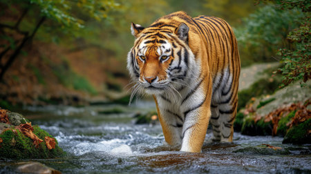 Sumatran tiger standing on the bank of the mountain river.の素材