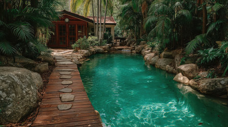 Swimming pool in a tropical garden with wooden bridge and green plantsの素材
