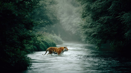 A tiger swimming in a river in the forest. The photo was taken in the wild.の素材
