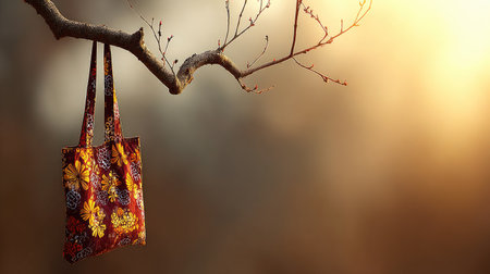 Fabric bag hanging on a tree branch against the sunset background.の素材