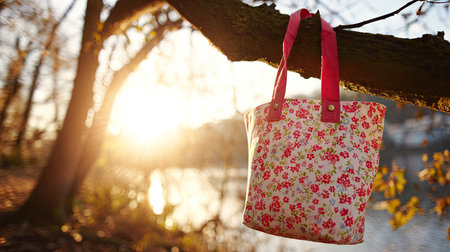 Handmade reusable shopping bag hanging on a tree branch in the sunlightの素材