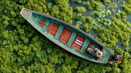 Aerial view of wooden boat in the pond with green lotus leafの素材