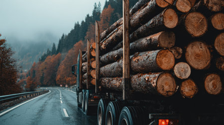 Truck with logs on the road in the autumn forest. The concept of logging.の素材