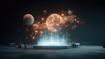 Futuristic space background with planets and stars. 3d renderingの素材