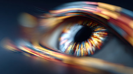 Close-up of human eye with glowing iridescent optical fibersの素材