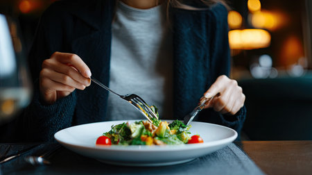 Close up of female hands with fork and knife eating salad in restaurantの素材