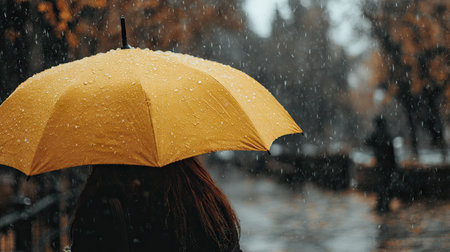Woman with yellow umbrella in rainy day. Rainy weather concept.の素材