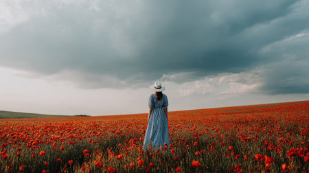 Woman in white hat and blue dress standing in poppy field on sunset.の素材