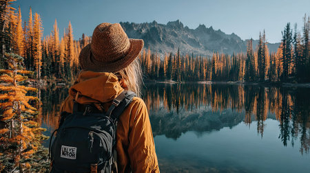Backpacker looking at lake in Yoho National Park, Canadaの素材