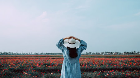 Beautiful asian woman wearing hat and blue dress in poppy fieldの素材