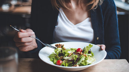 Woman eating salad in a restaurant. Healthy food concept. Close upの素材