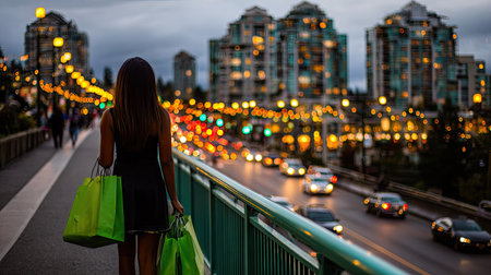 Woman with shopping bags on the bridge at night in Vancouver, Canadaの素材