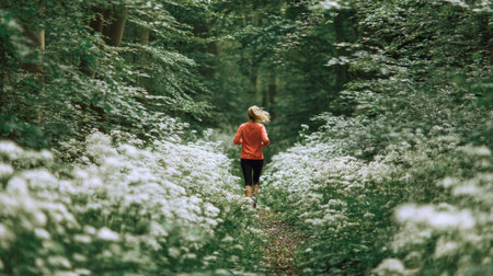 Woman jogging in a forest with white flowers. Rear view.の素材