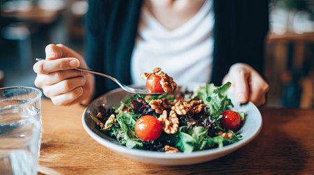 Woman eating healthy salad with walnuts and cherry tomatoes. Close up.の素材