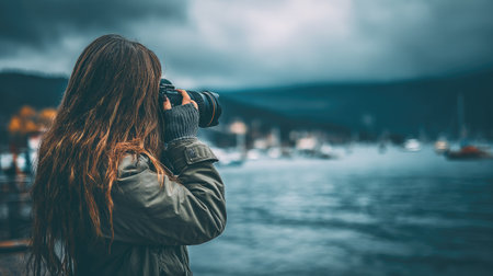 Young woman taking photos of the sea and mountains in a cloudy dayの素材
