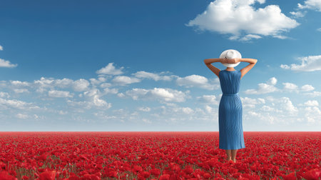 Young woman in a field of red poppies. 3d renderingの素材