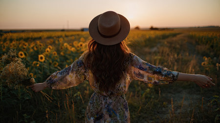 Young beautiful woman in a field with sunflowers at sunset.の素材