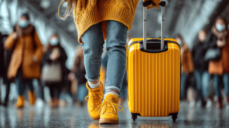 cropped view of woman in yellow sweater and yellow boots walking with suitcaseの素材