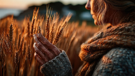 Close-up of a woman in a knitted sweater and scarf standing in a wheat field at sunsetの素材