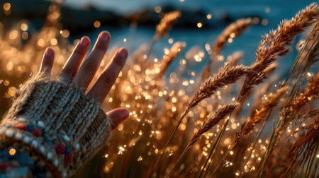Hands in warm knitted mittens holding golden spikelets on blurred backgroundの素材