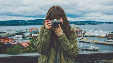A young woman is taking pictures of the city of Reykjavik, Iceland.の素材