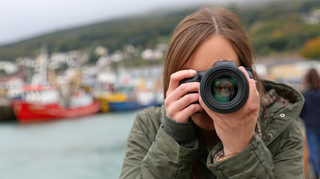 Young woman with camera on the background of fishing boats in the harborの素材