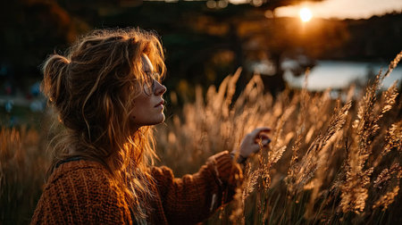 Beautiful young woman in a wheat field at sunset. Beauty, fashion.の素材