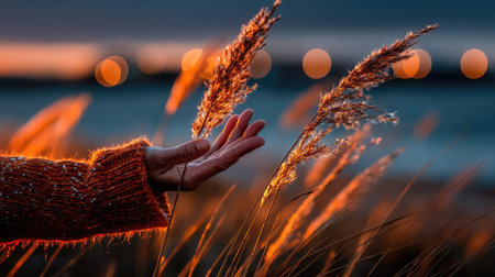 Woman's hand touching dry grass on the background of the setting sunの素材