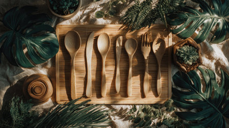Wooden spoons and forks on a wooden board surrounded by tropical leavesの素材