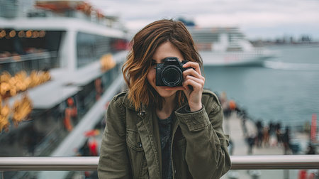 Portrait of a young woman with a camera on the background of the cruise linerの素材
