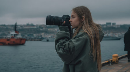 Beautiful girl in a green jacket with a camera on the background of the seaの素材
