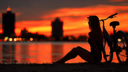 Silhouette of a girl sitting on the bank of the river at sunsetの素材