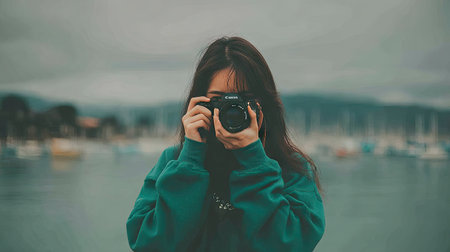 Beautiful asian woman taking a photo with vintage camera on the lakeの素材