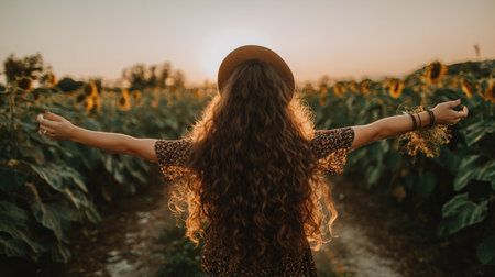 Back view of young woman with long curly hair in sunflower field at sunsetの素材