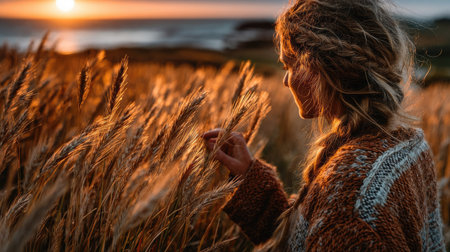 A young woman in a knitted sweater stands in a wheat field at sunset.の素材