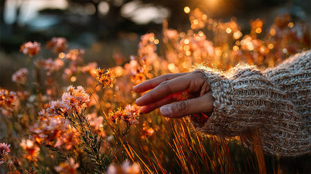 Close up of woman's hand holding dry flowers in field at sunsetの素材