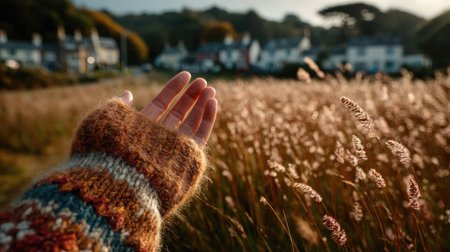 Close up of woman's hand in warm woolen knitted sweater on the meadow at sunsetの素材