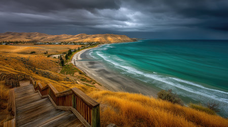 Stairs leading to the beach with stormy sky in the backgroundの素材