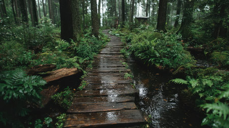 Wooden walkway in the forest with moss and fernsの素材