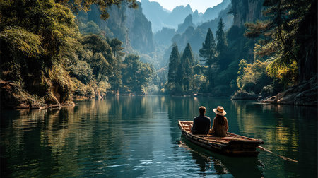 Couple on the boat on the lake in the mountains. Vietnamの素材