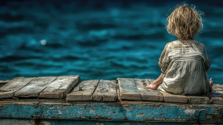 Little girl sitting on a wooden pier by the sea, rear viewの素材