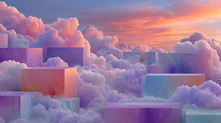 3D render of an abstract background with a podium and clouds.の素材