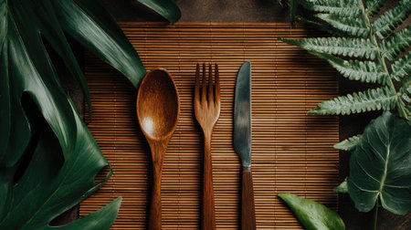 Wooden spoon, fork and knife on bamboo napkin with tropical leavesの素材